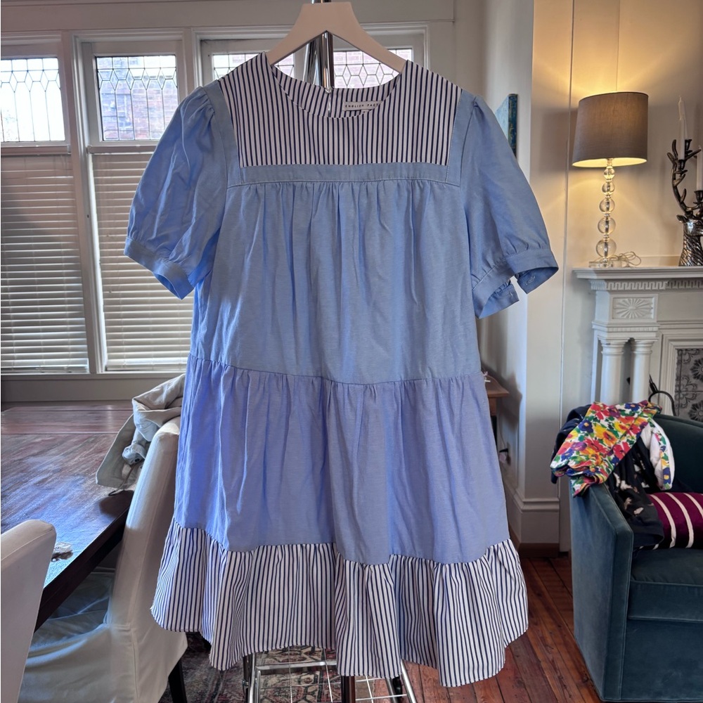 English Factory Blue and White Striped Tiered Babydoll Dress